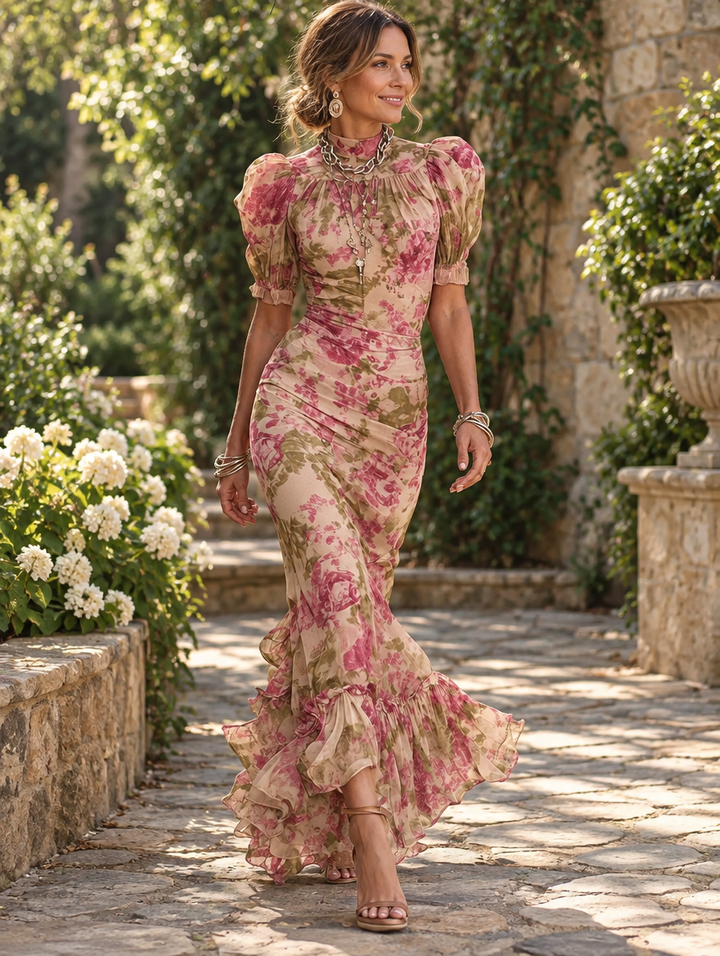 Vintage Racquella™ Maxi Dress by My Store 2, shown in the image with flowing fabric and floral pattern on a model.