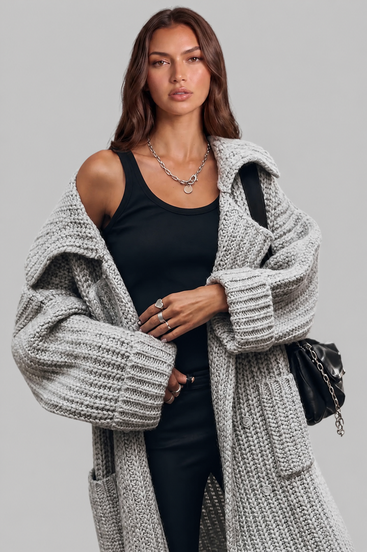 Bennett and Lowe Odilia oversized collar longline cardigan in a relaxed, draped silhouette