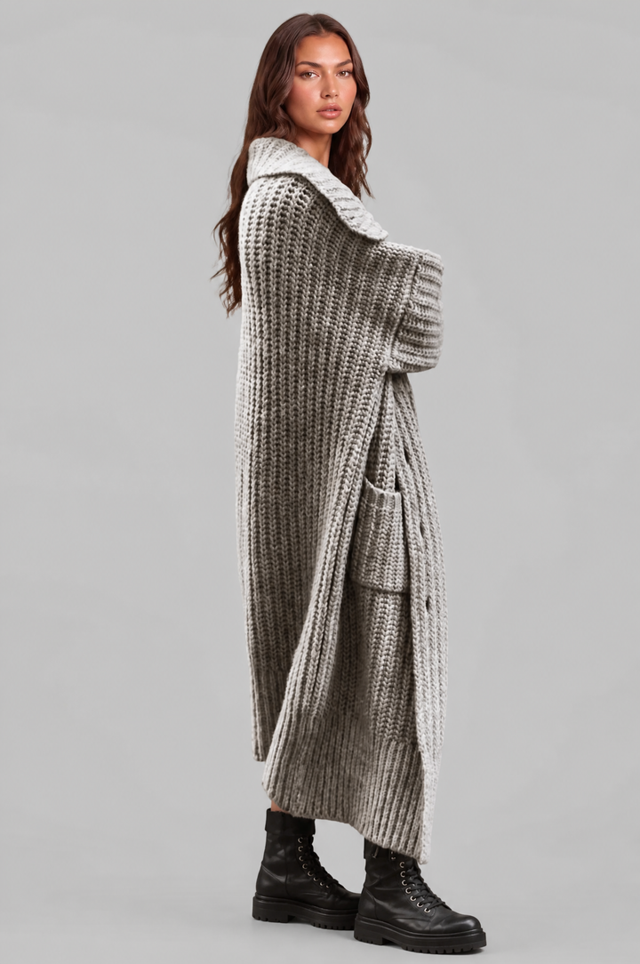 Bennett and Lowe Odilia oversized collar longline cardigan in a relaxed, open-front design