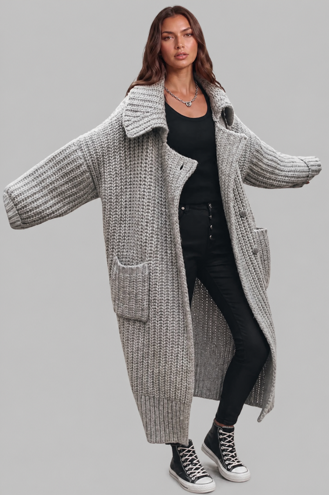 Bennett and Lowe Odilia oversized collar longline cardigan in soft knit fabric