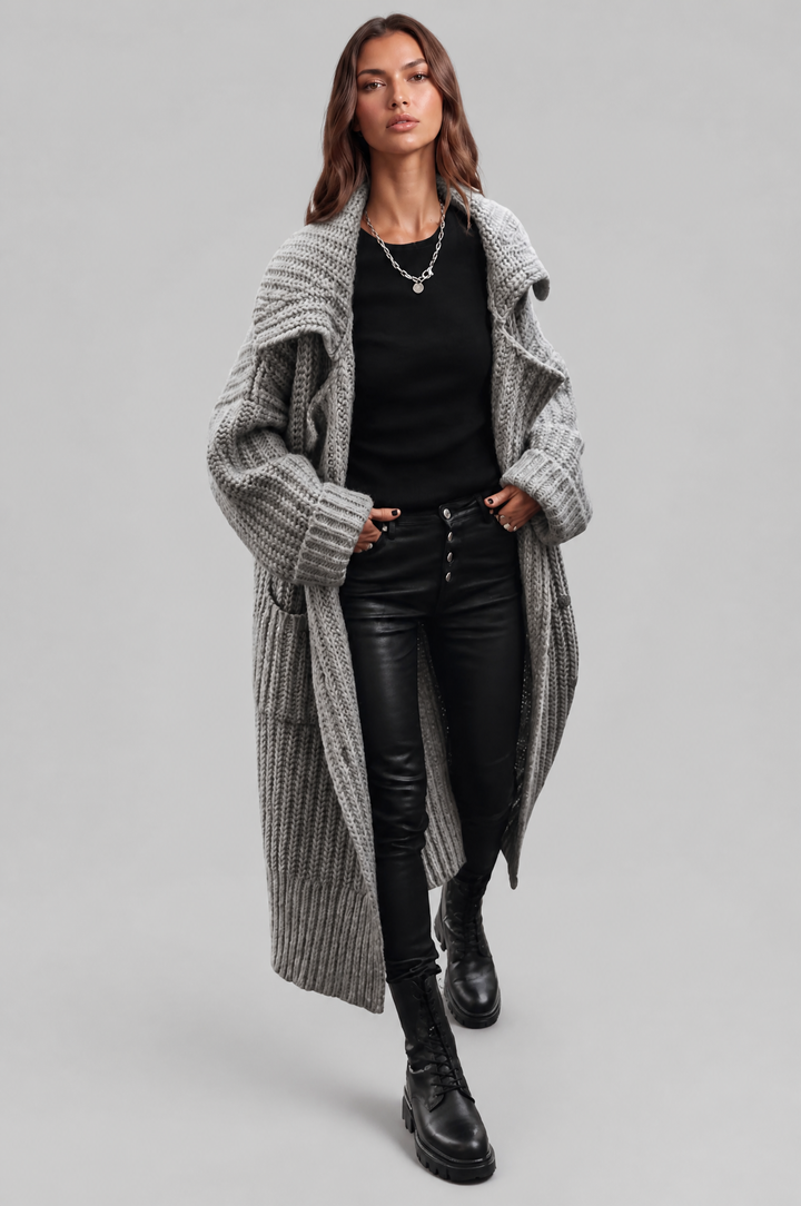 Bennett and Lowe Odilia oversized collar longline cardigan in a relaxed, elegant silhouette