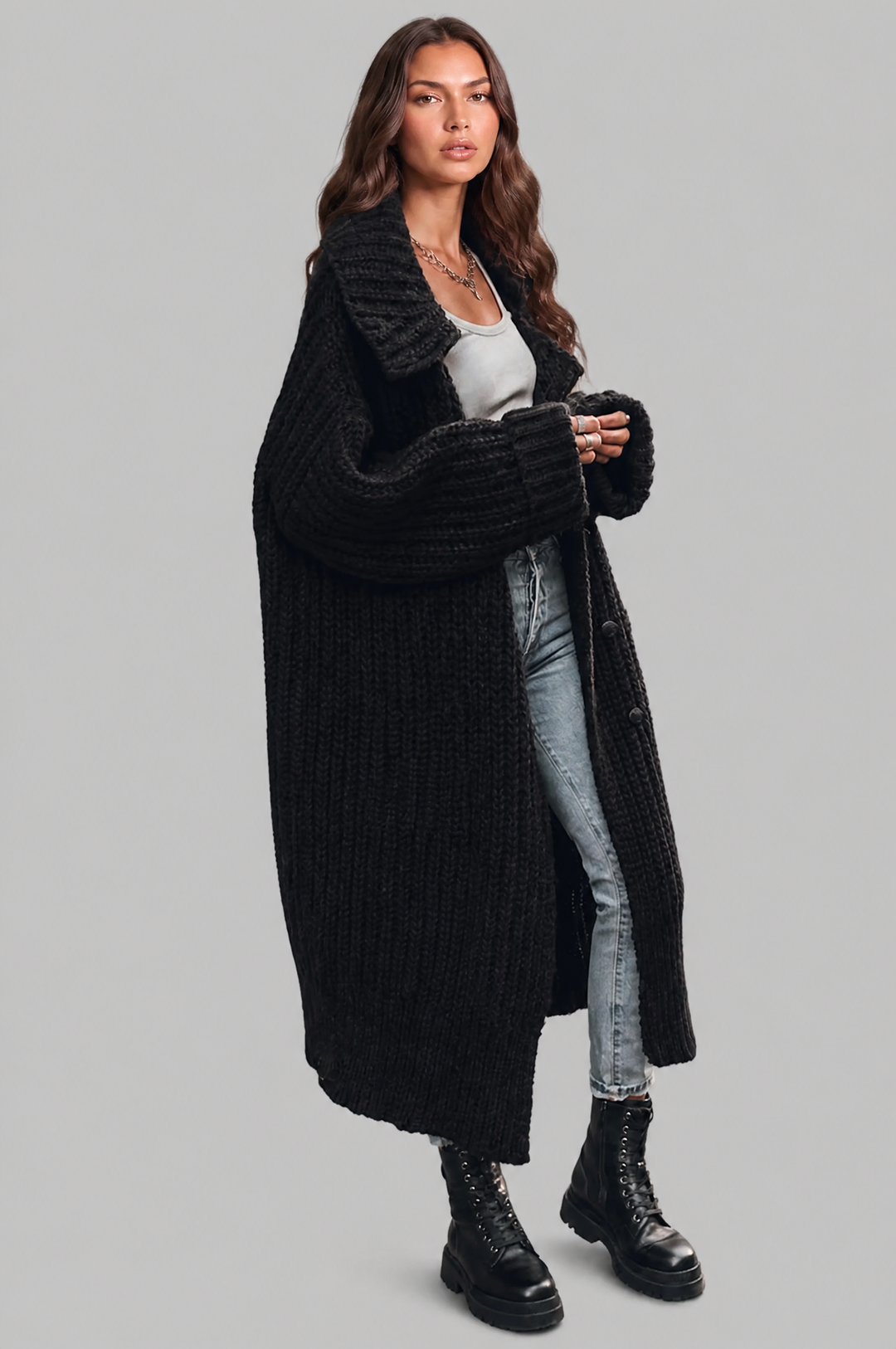 Bennett and Lowe Odilia oversized collar longline cardigan in a relaxed, draped silhouette
