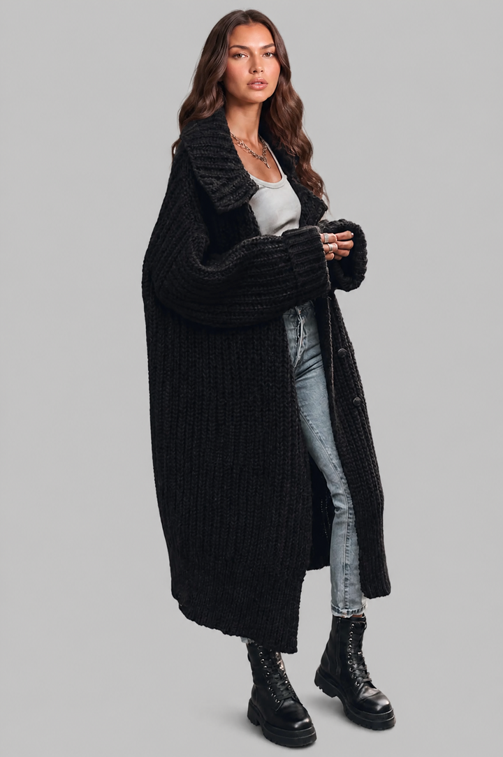 Bennett and Lowe Odilia oversized collar longline cardigan in a relaxed, draped silhouette