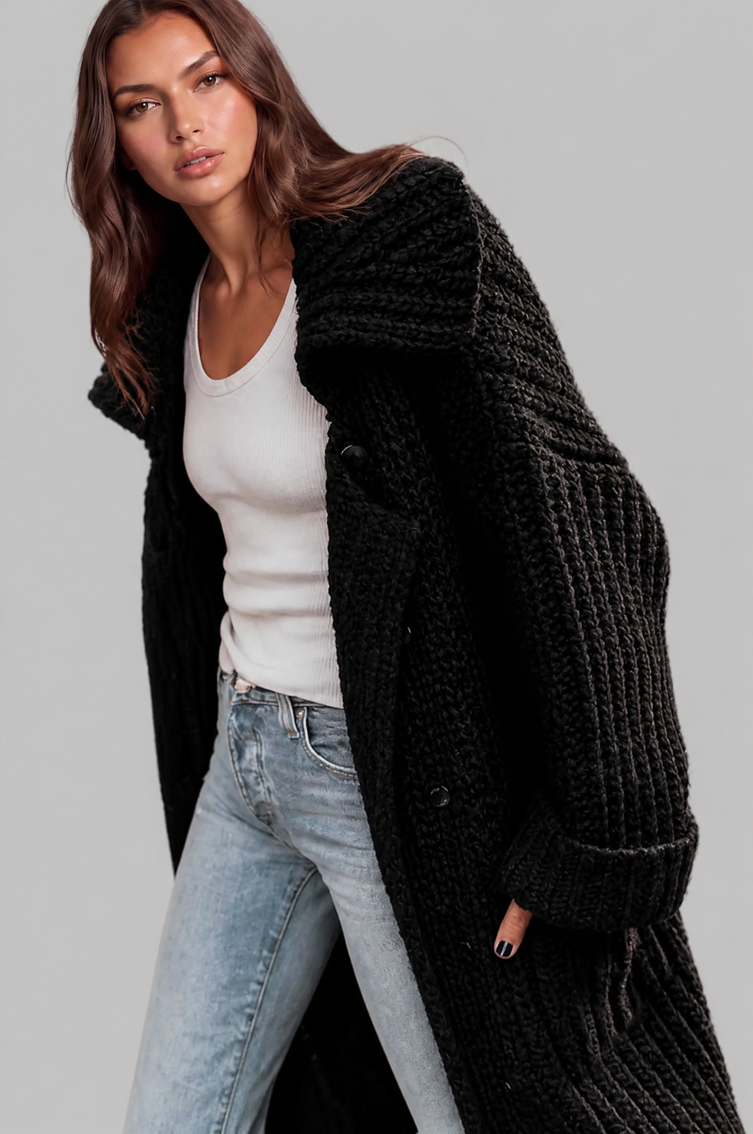 Bennett and Lowe Odilia oversized collar longline cardigan in a relaxed, open-front design