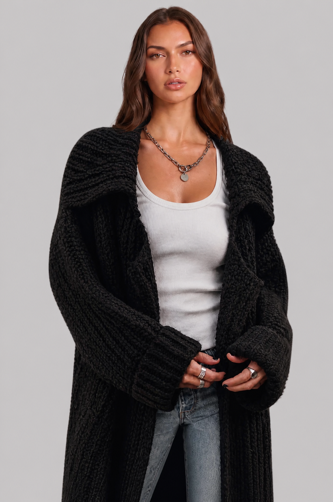 Bennett and Lowe Odilia oversized collar longline cardigan in a relaxed knit style