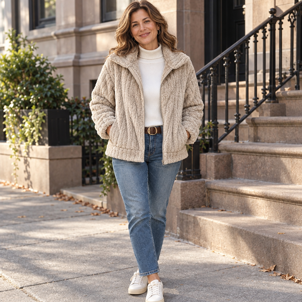 Bennett & Lowe Roberta cozy zip-up jacket in soft fabric, featuring a front zipper and a casual, comfortable fit.