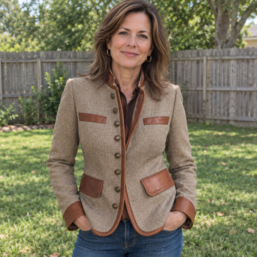 Bennett & Lowe Lucie classic tweed jacket in textured gray and beige, shown on a hanger with a close-up of the fabric details.