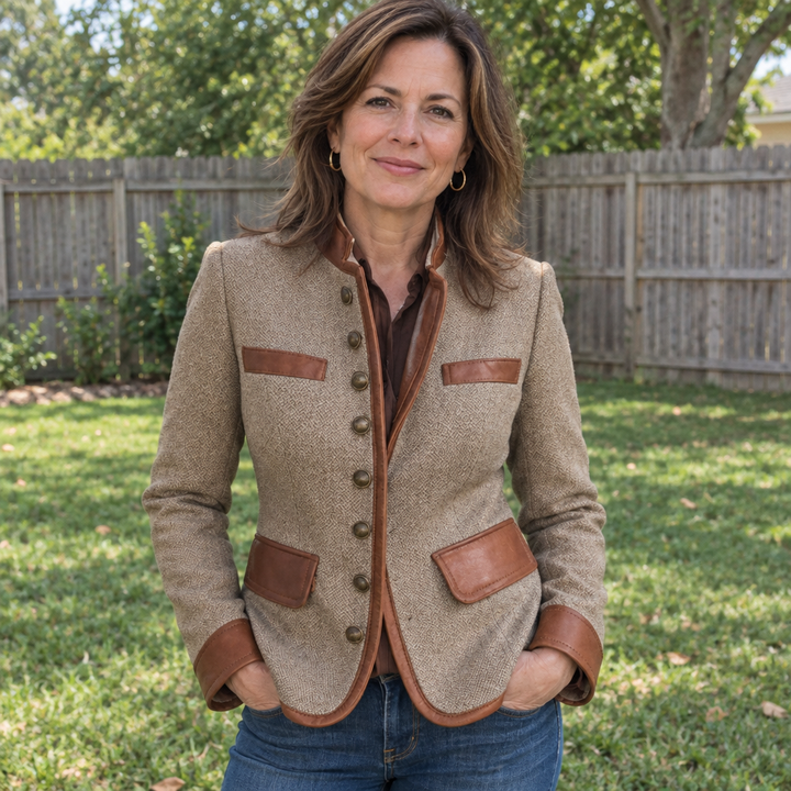 Bennett & Lowe Lucie classic tweed jacket in textured gray and beige, shown on a hanger with a close-up of the fabric details.