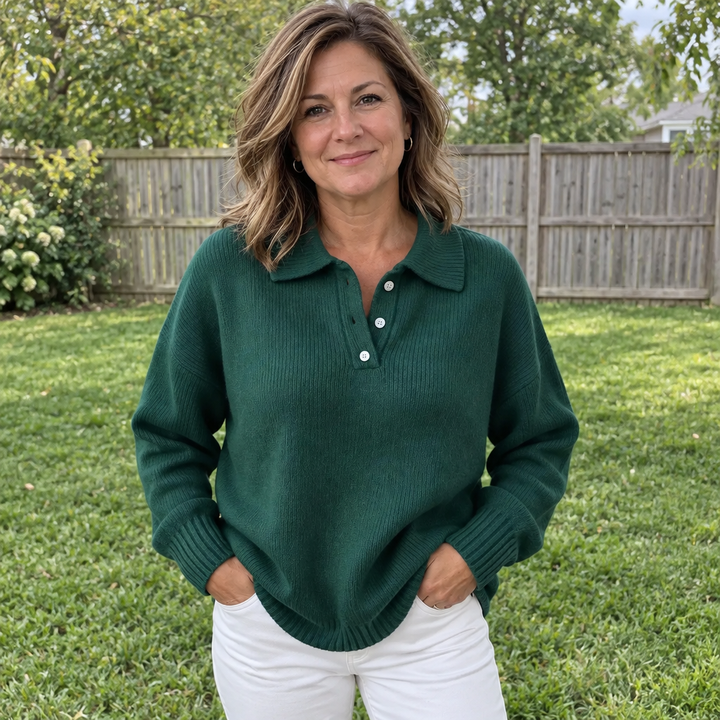 Marvelle Bennett & Lowe chic hooded knit sweater with polo collar, featuring a cozy, stylish design in natural fabric.