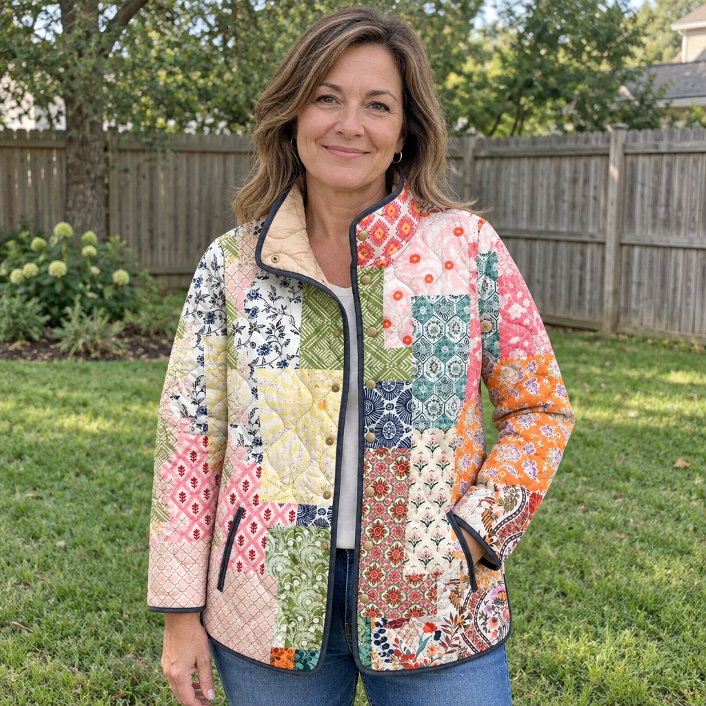 Bennett & Lowe Morgana quilted heritage patchwork jacket with colorful quilted fabric and intricate patchwork design.