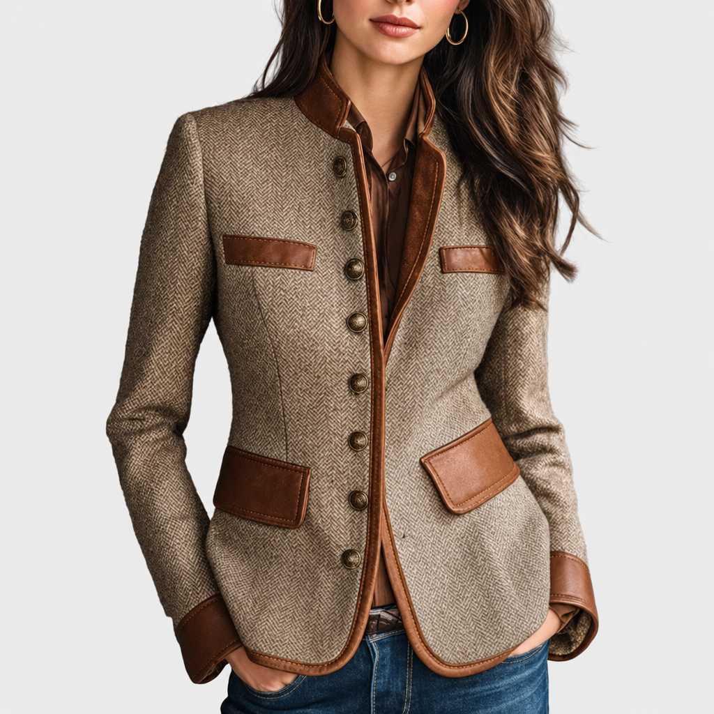 Bennett & Lowe Lucie classic tweed jacket with structured fit, featuring a textured tweed fabric in neutral tones.