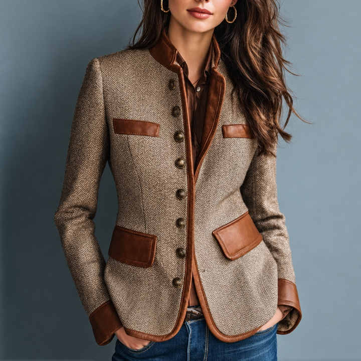 Lucie Bennett & Lowe classic tweed jacket featuring a textured woven fabric and tailored fit in neutral tones.