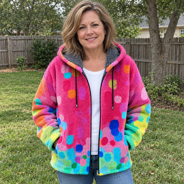 Rosalie Confetti Bloom hooded jacket by Bennett & Lowe featuring colorful confetti patterns and a cozy hooded design.