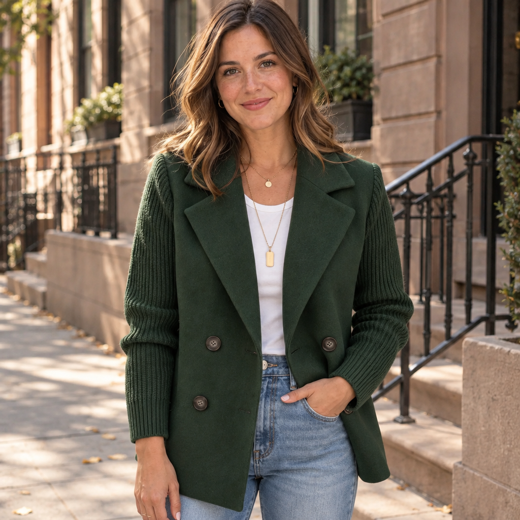 Katherine Bennett & Lowe two-tone double-breasted blazer featuring a tailored fit and classic lapels on a model.