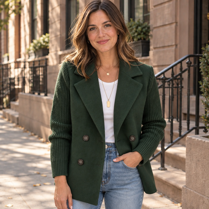 Katherine Bennett & Lowe two-tone double-breasted blazer featuring a tailored fit and classic lapels on a model.