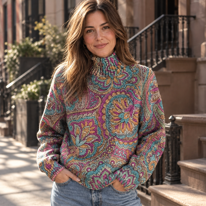 Joanna Bennett & Lowe paisley print turtleneck top in soft fabric, featuring a fitted style and high neckline.