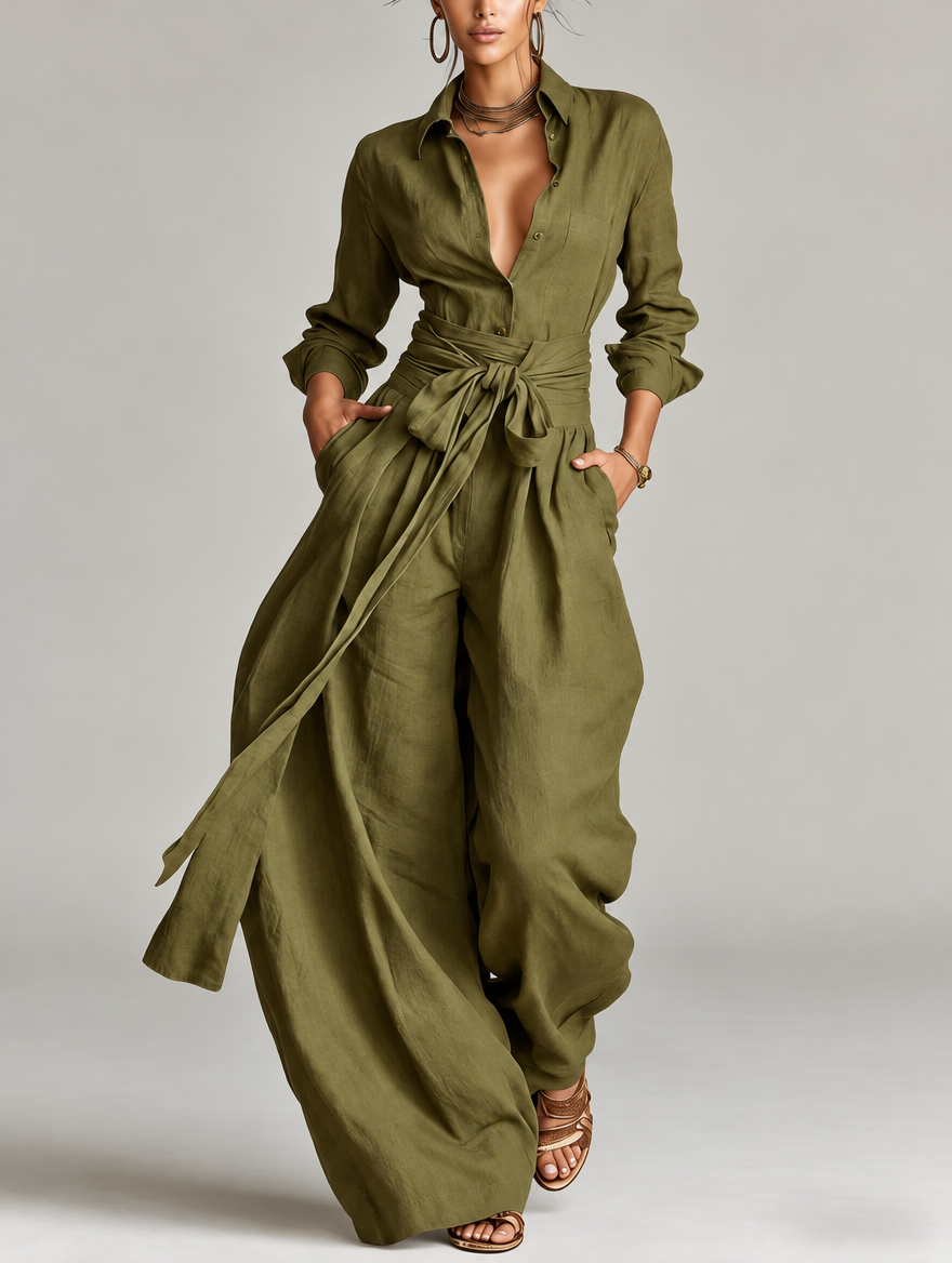 Betty | Tie-Waist Shirt and Wide-Leg Pants Two-Piece Set for Women