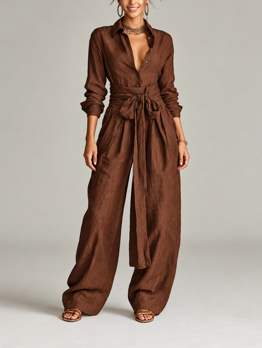 Betty | Tie-Waist Shirt and Wide-Leg Pants Two-Piece Set for Women