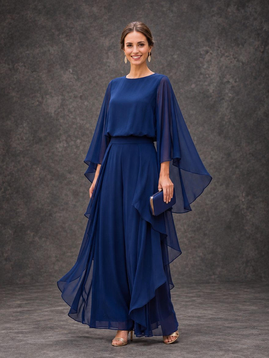 Gloria Bennett & Lowe two-piece set with cape-sleeve top and ruffle skirt, stylish and elegant ensemble.