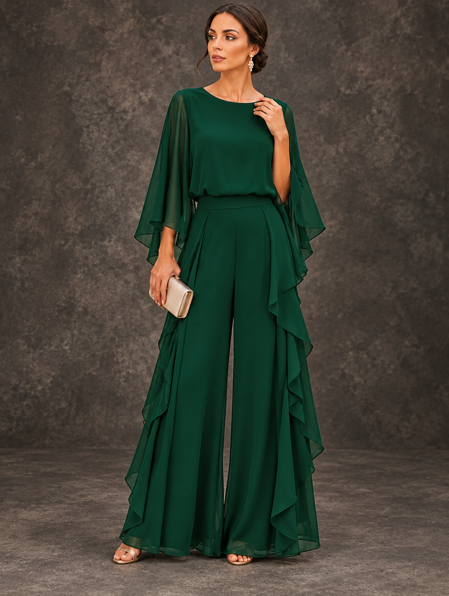 Gloria two-piece set by Bennett & Lowe featuring a cape-sleeve top and ruffle skirt, shown in a stylish, coordinated outfit.