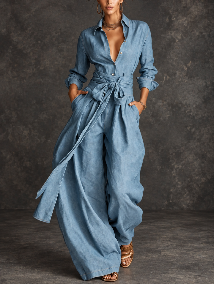 Bennett & Lowe Renee tie-waist shirt and wide-leg pants two-piece set displayed on a model against a white background.