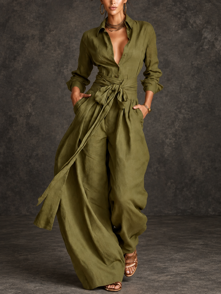 Renee Bennett & Lowe tie-waist shirt and wide-leg pants two-piece set, featuring a stylish, coordinated outfit with a relaxed fit.