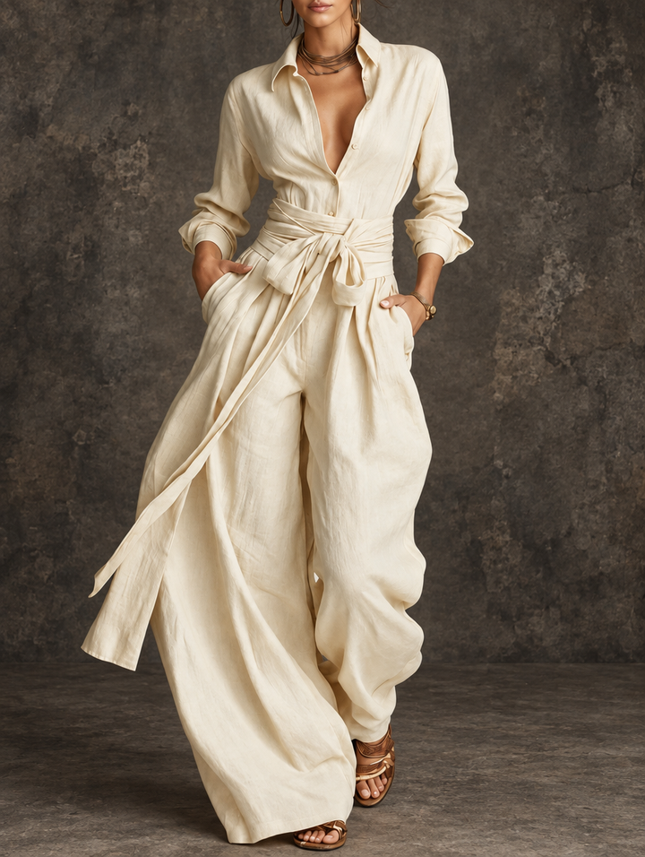 Bennett & Lowe Renee tie-waist shirt and wide-leg pants two-piece set, featuring a stylish, coordinated outfit in a casual fashion style.