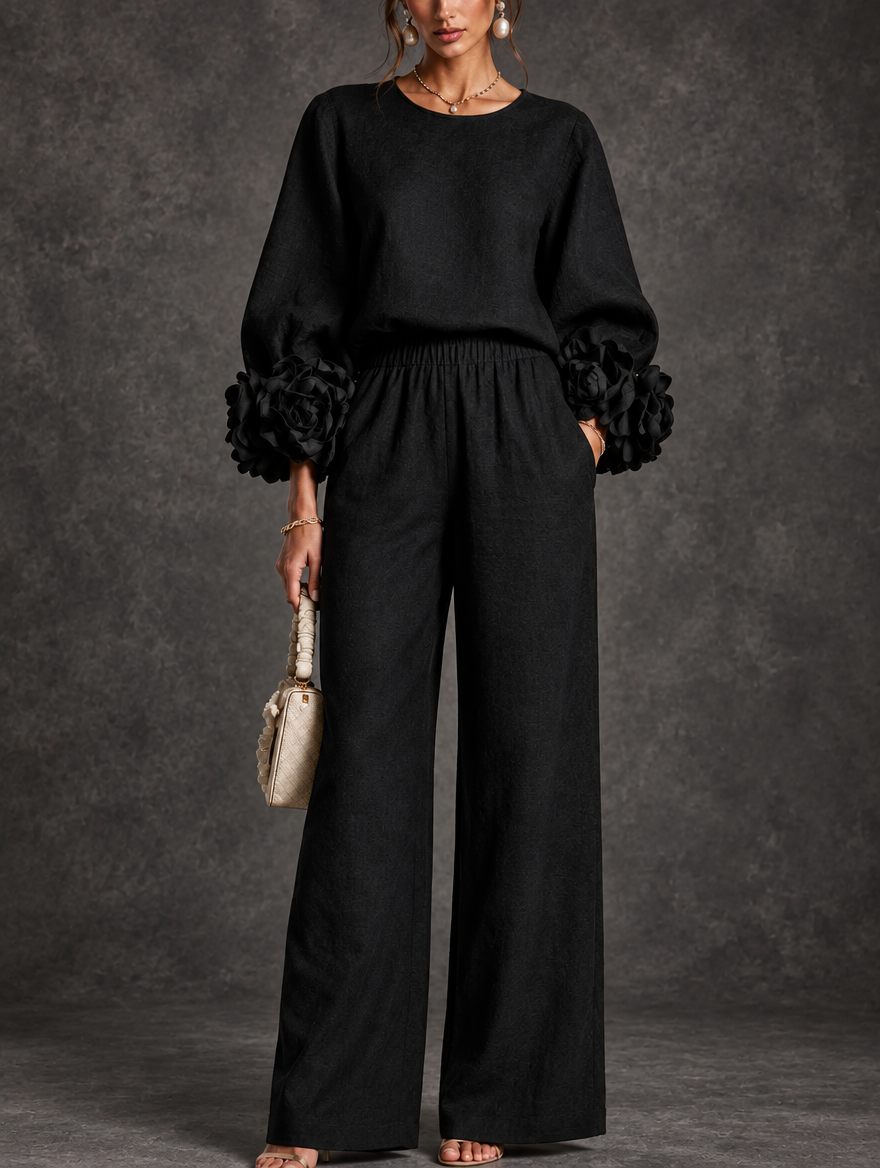 Susan floral-cuff wide-leg pants set by Bennett & Lowe, featuring a two-piece outfit with a floral pattern and wide-leg silhouette.