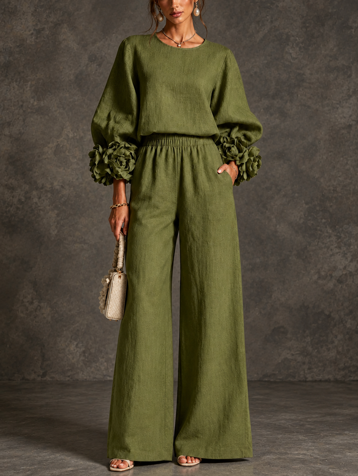 Susan floral-cuff wide-leg pants set by Bennett & Lowe, two-piece outfit with floral details and wide-leg design.