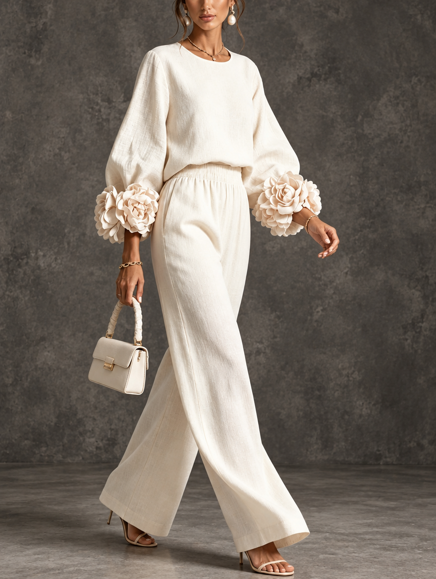 Susan floral-cuff wide-leg pants set by Bennett & Lowe, featuring a two-piece design with floral patterns and wide-leg style.