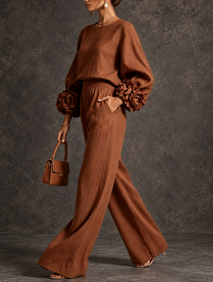Susan floral-cuff wide-leg pants set by Bennett & Lowe, featuring a two-piece design with a floral pattern and wide-leg silhouette.