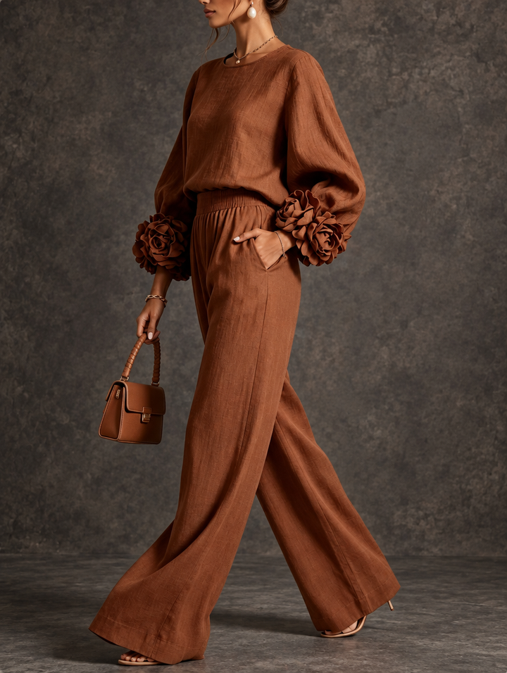 Susan floral-cuff wide-leg pants set by Bennett & Lowe, featuring a two-piece design with a floral pattern and wide-leg silhouette.