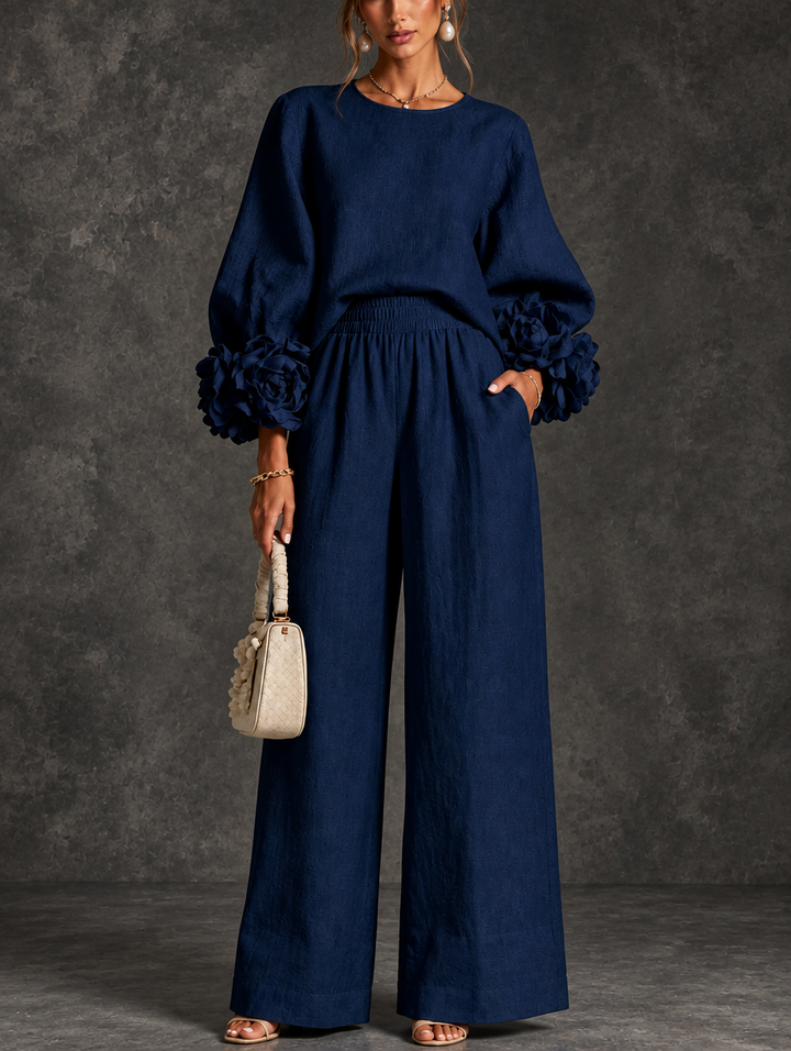 Susan floral-cuff wide-leg pants set by Bennett & Lowe, featuring a two-piece design with vibrant floral patterns and wide-leg trousers.