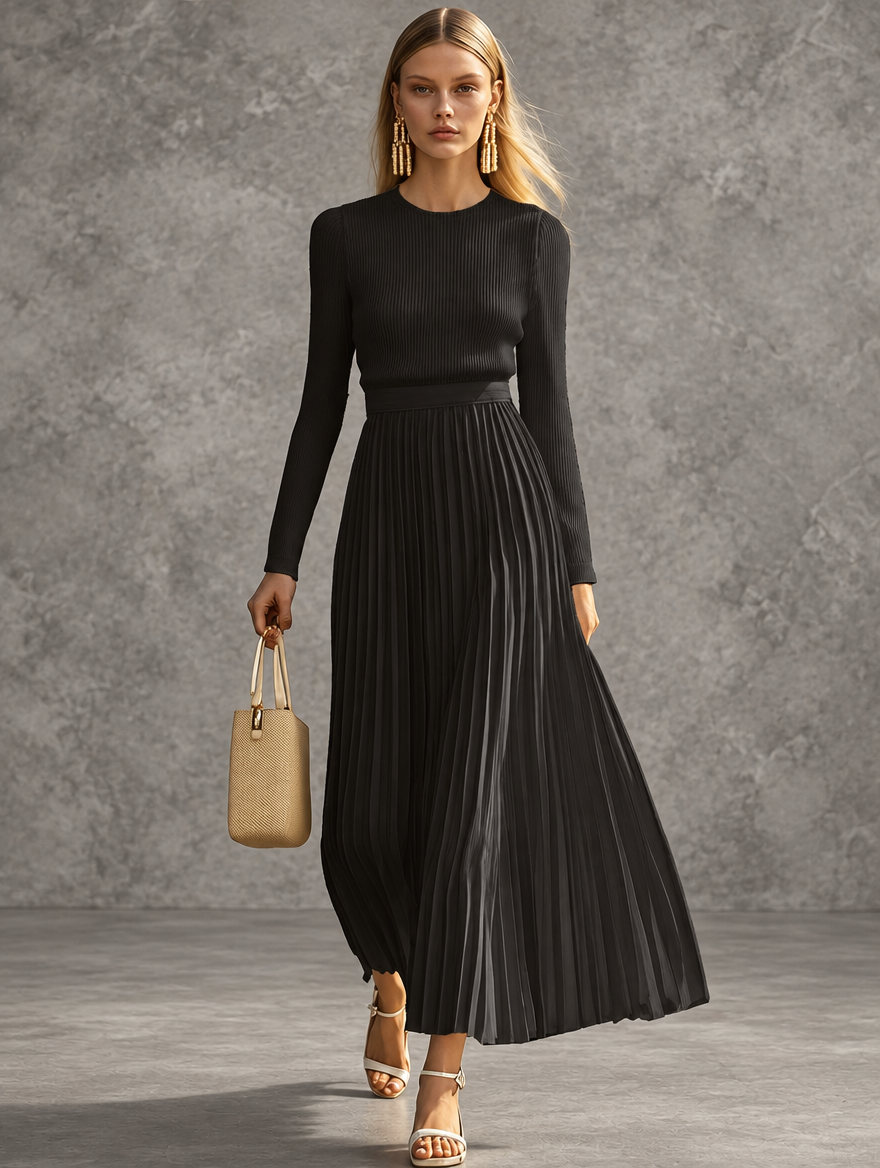 Brenda | Ribbed Pleated Midi Dress