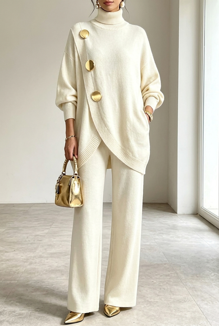Bennett & Lowe Lillian turtleneck top and wide-leg pants two-piece set, shown in a stylish matching outfit.