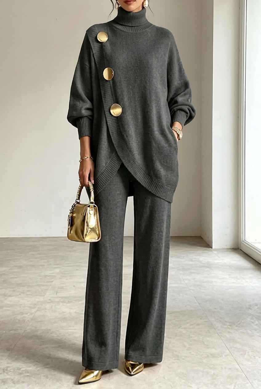 Ines | Asymmetric Button Turtleneck Set