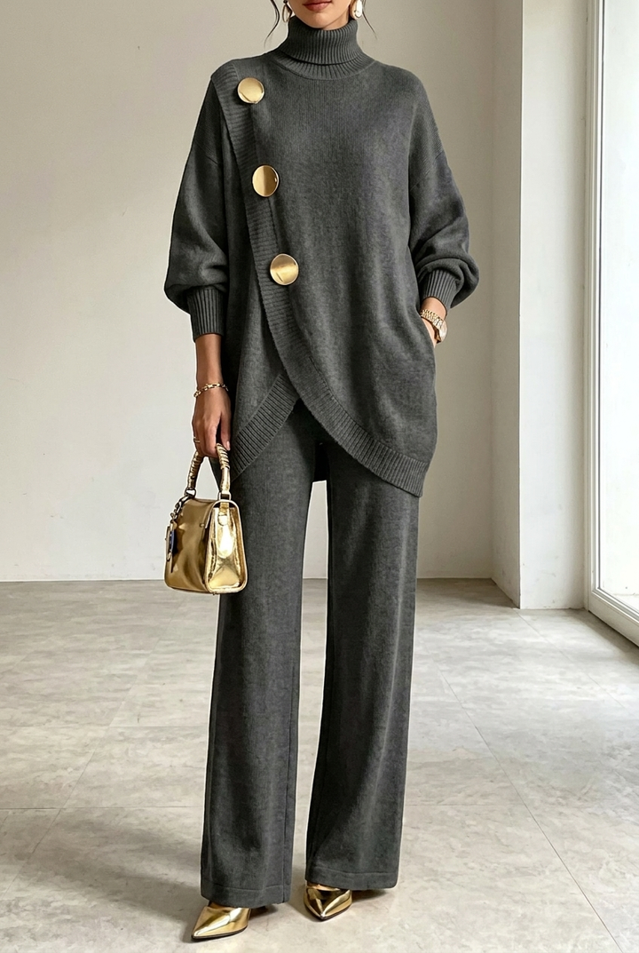Lillian Bennett & Lowe two-piece turtleneck top and wide-leg pants set shown in soft fabric, styled for casual or office wear.