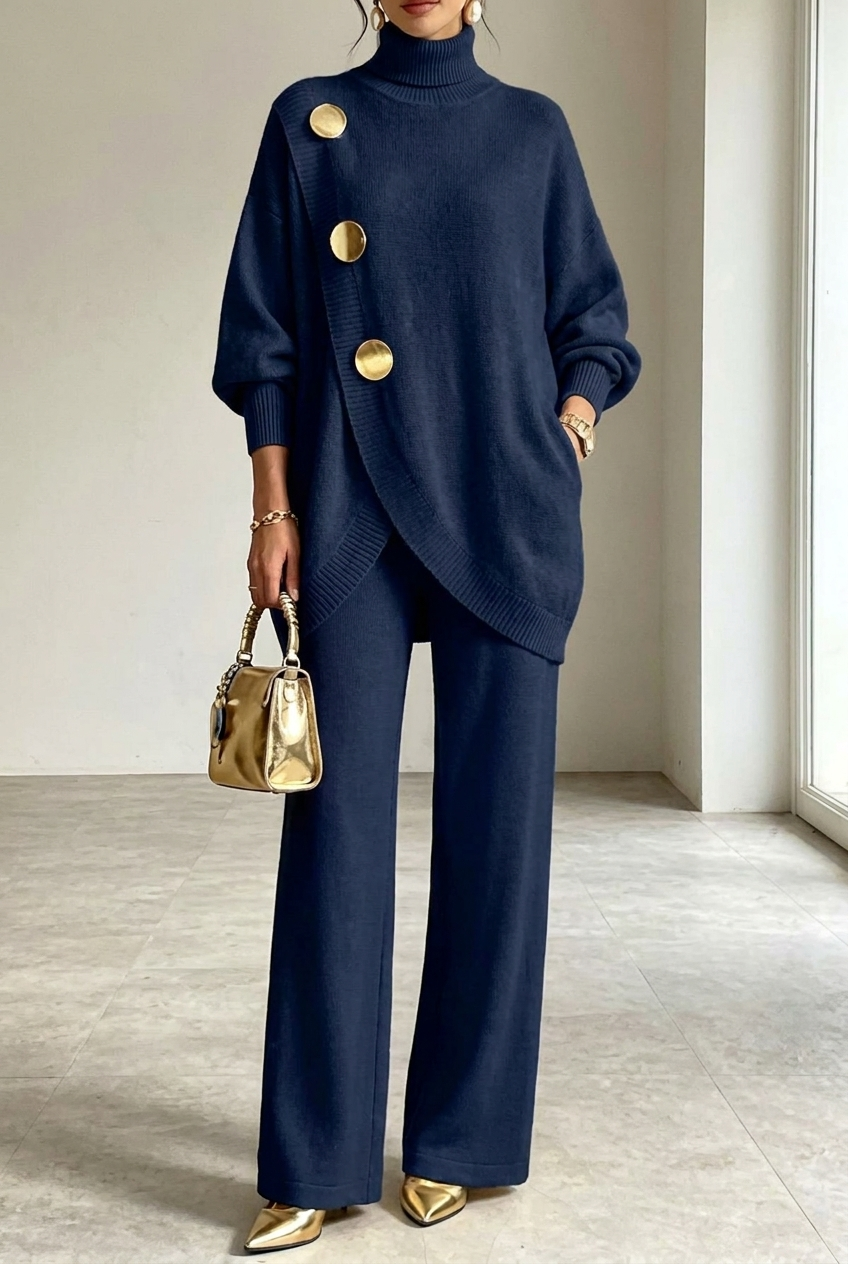 Ines | Asymmetric Button Turtleneck Set
