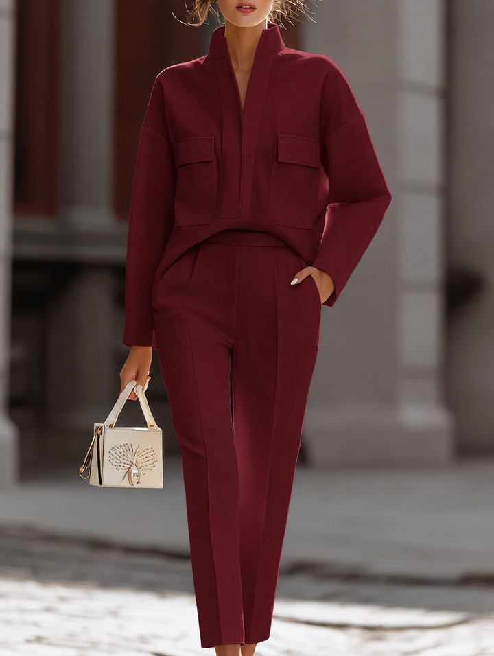 Bennett and Lowe Morgan layered three-piece pants set with coordinating top, pants, and accessories, styled for a fashionable look.