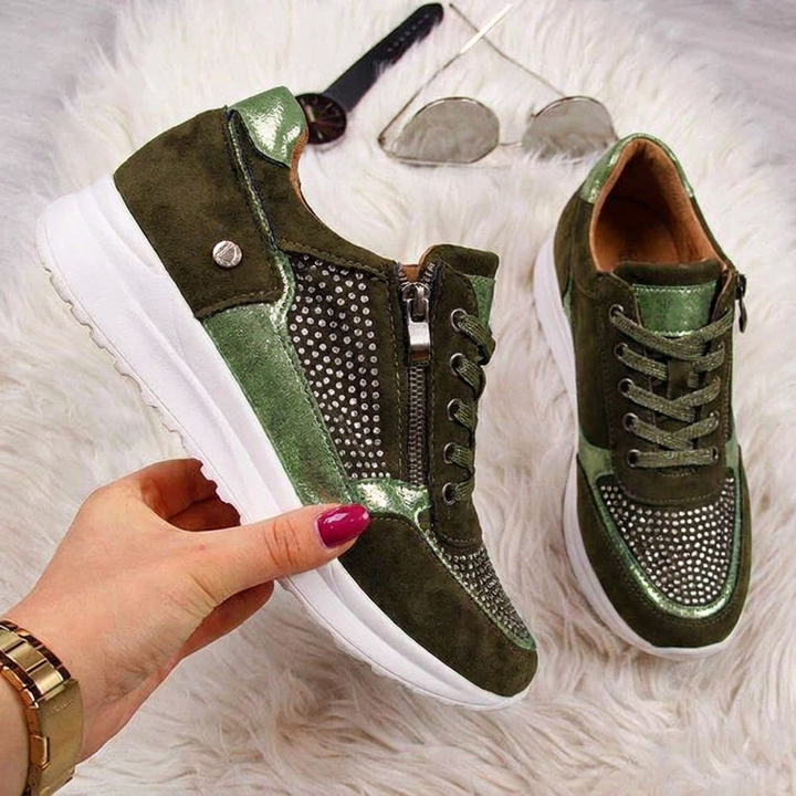 Bennett and Lowe Calliope side-zip sparkle lace-up sneaker with glitter accents and casual low-top design