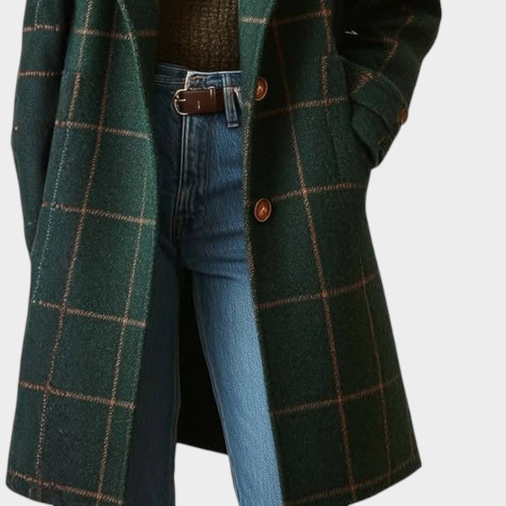 Adriana™ Classic Check Autumn Coat by Bennett and Lowe displayed on a hanger, featuring a warm, plaid pattern perfect for fall.