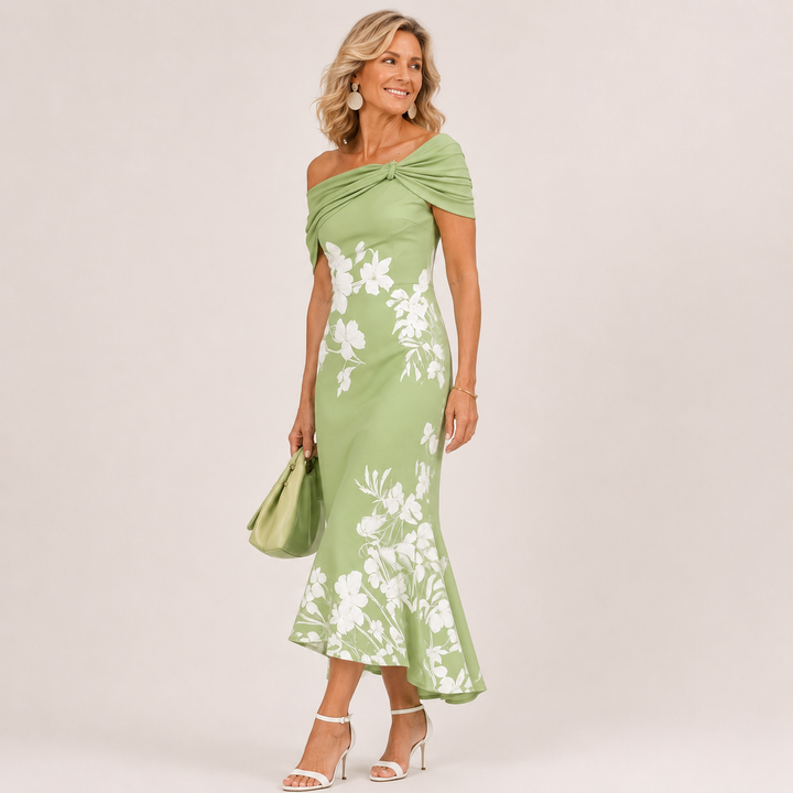 Floral contour midi dress by Bennett and Lowe featuring a fitted bodice and flowing skirt, perfect for elegant occasions.