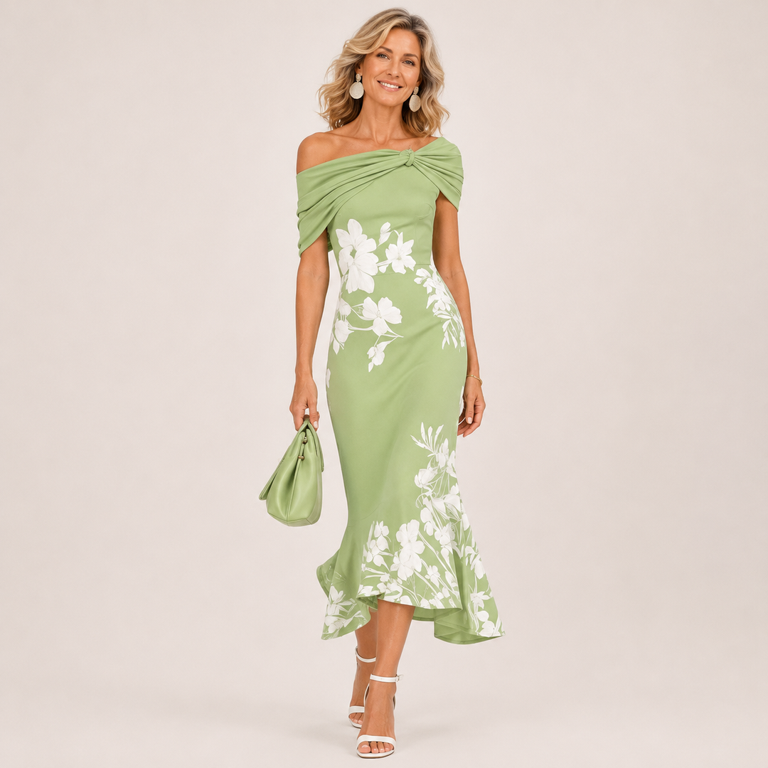 Floral contour midi dress by Bennett and Lowe featuring a fitted waist and flowing skirt, perfect for elegant summer occasions.