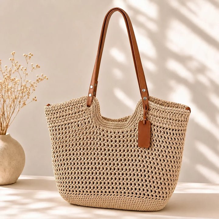 Handwoven crochet tote bag for women by Bennett and Lowe, featuring intricate design and spacious interior.