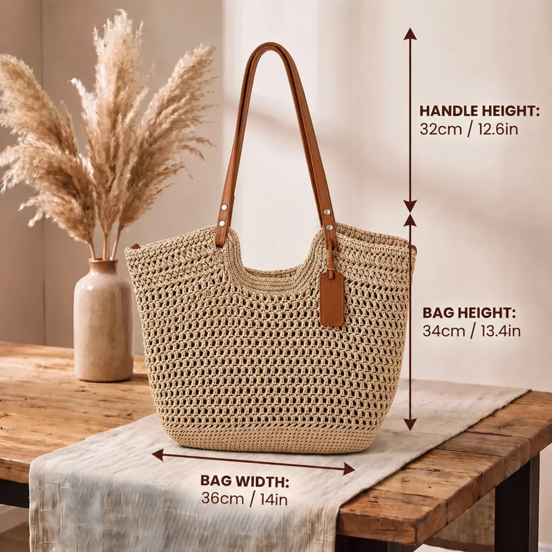 Handwoven crochet tote bag for women by Bennett and Lowe, featuring a stylish and spacious design with natural craftsmanship.