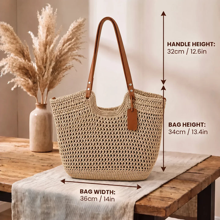 Handwoven crochet tote bag for women by Bennett and Lowe, featuring a stylish and spacious design with natural craftsmanship.