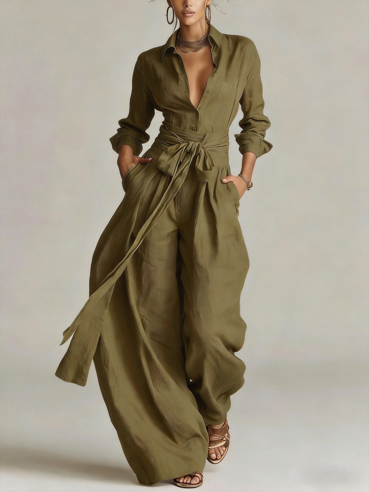 Betty two-piece women's set by Bennett and Lowe featuring a tie-waist shirt and wide-leg pants, stylish and comfortable.