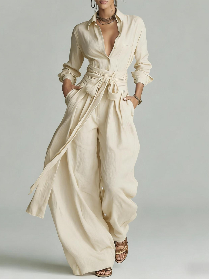 Betty two-piece set by Bennett and Lowe featuring a tie-waist shirt and wide-leg pants for women, stylish and casual.