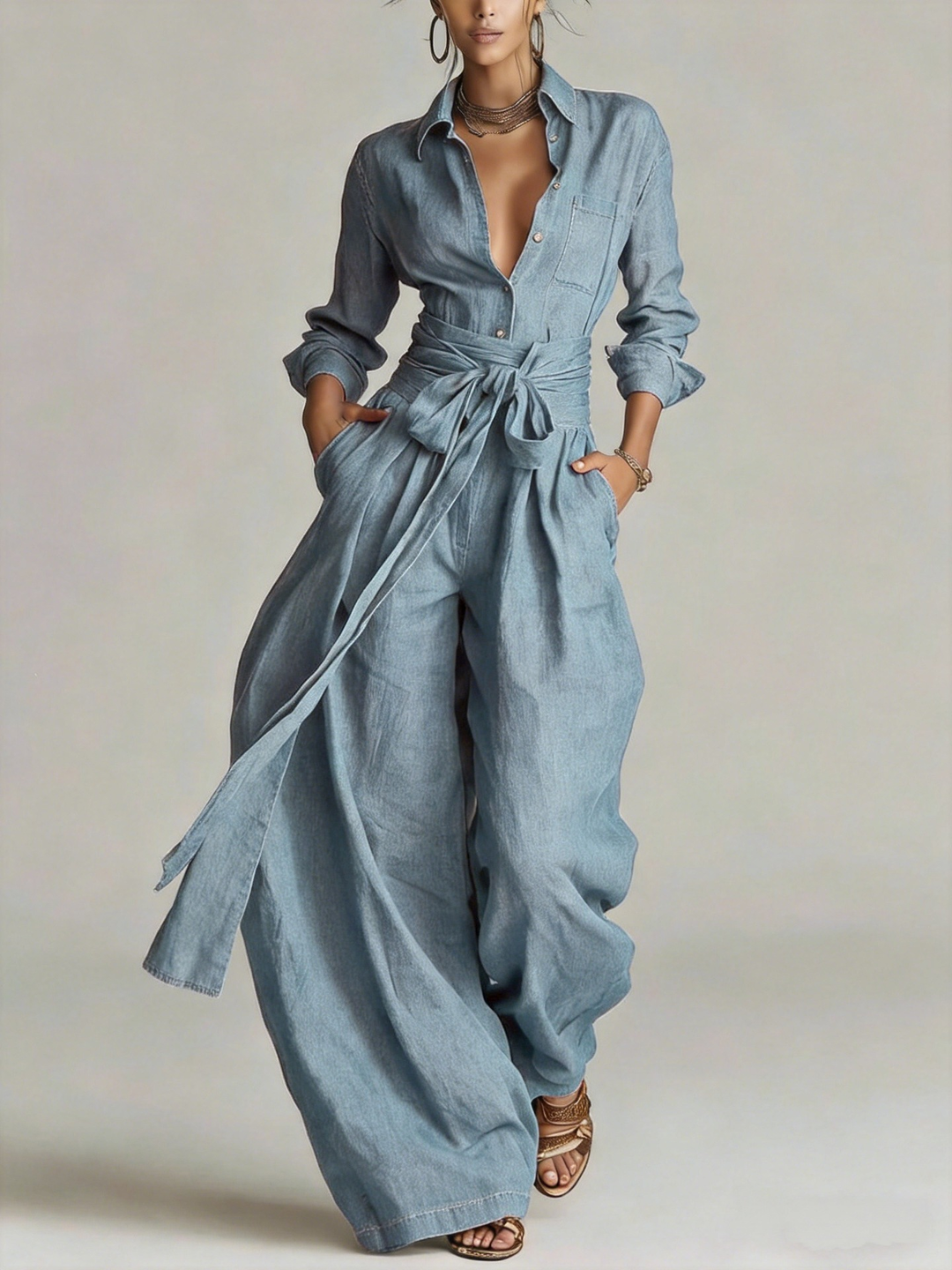 Betty two-piece women's set by Bennett and Lowe featuring a tie-waist shirt and wide-leg pants, styled for a modern look.