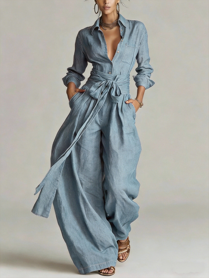 Betty two-piece women's set by Bennett and Lowe featuring a tie-waist shirt and wide-leg pants, styled for a modern look.